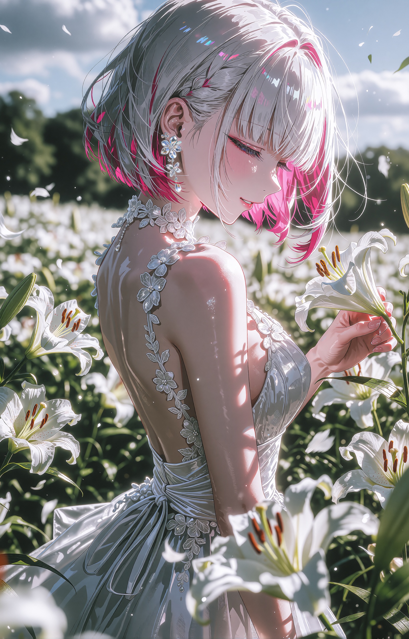A serene young woman with a short silver-white bob accented by vivid magenta-pink inner highlights stands in profile among...