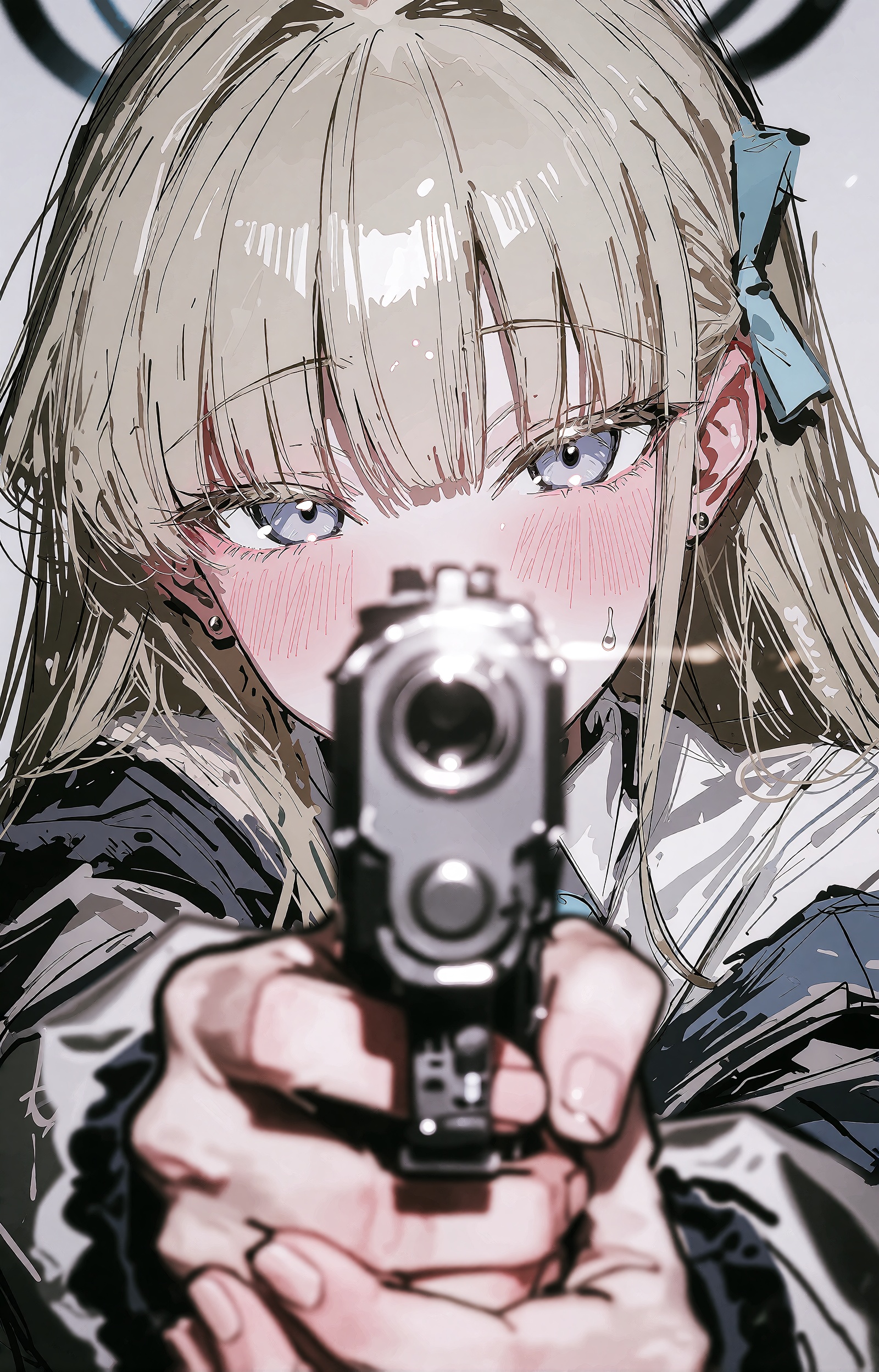 An anime illustration in extreme close-up of a girl pointing a handgun directly at the viewer,  rendered with a harsh flas...