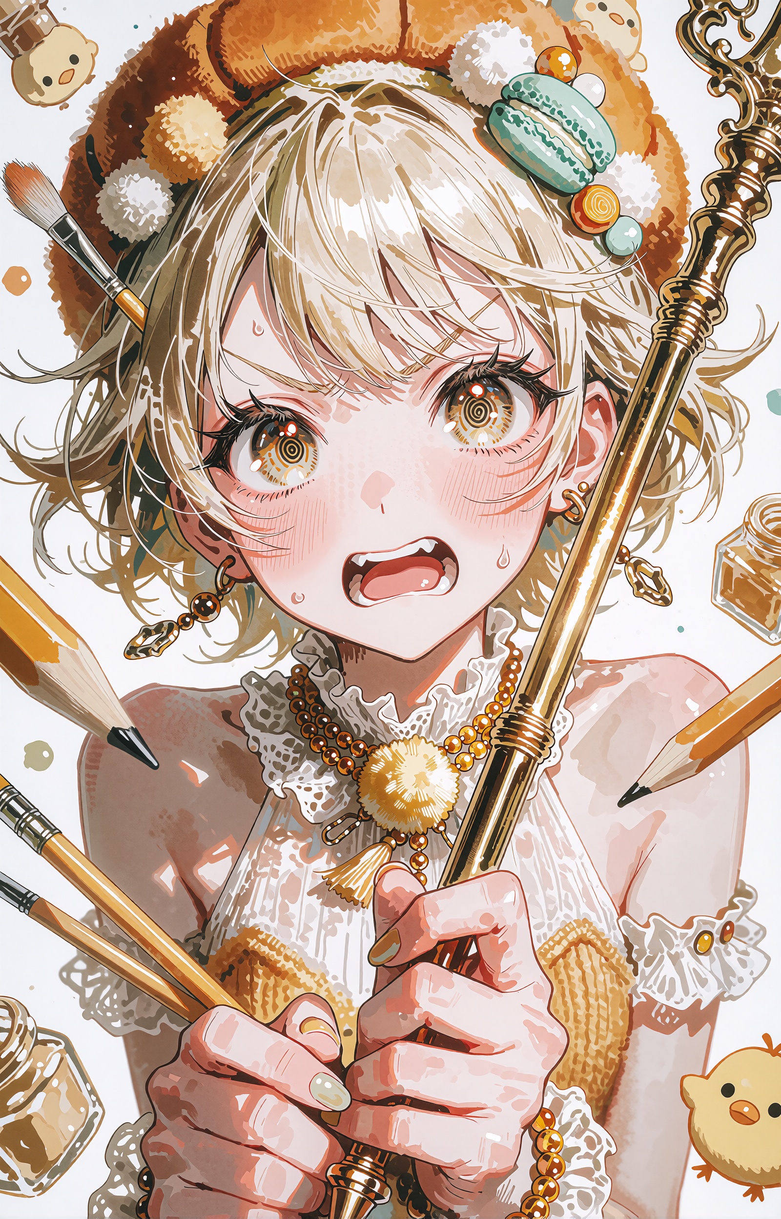 A flustered young anime artist girl leans into frame in a tight close-up bust portrait,  her short tousled blonde hair fli...