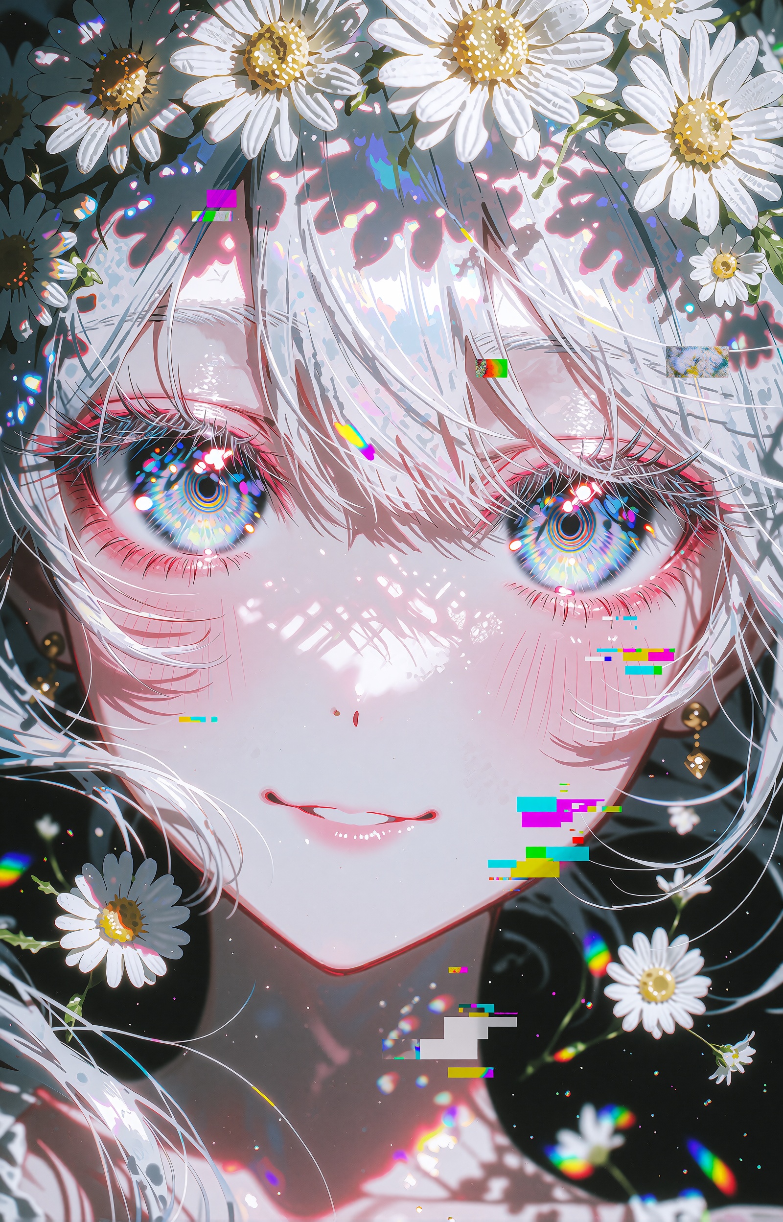 A close-up anime portrait of a young girl with long flowing white-silver hair and pale luminous skin,  her head crowned by...