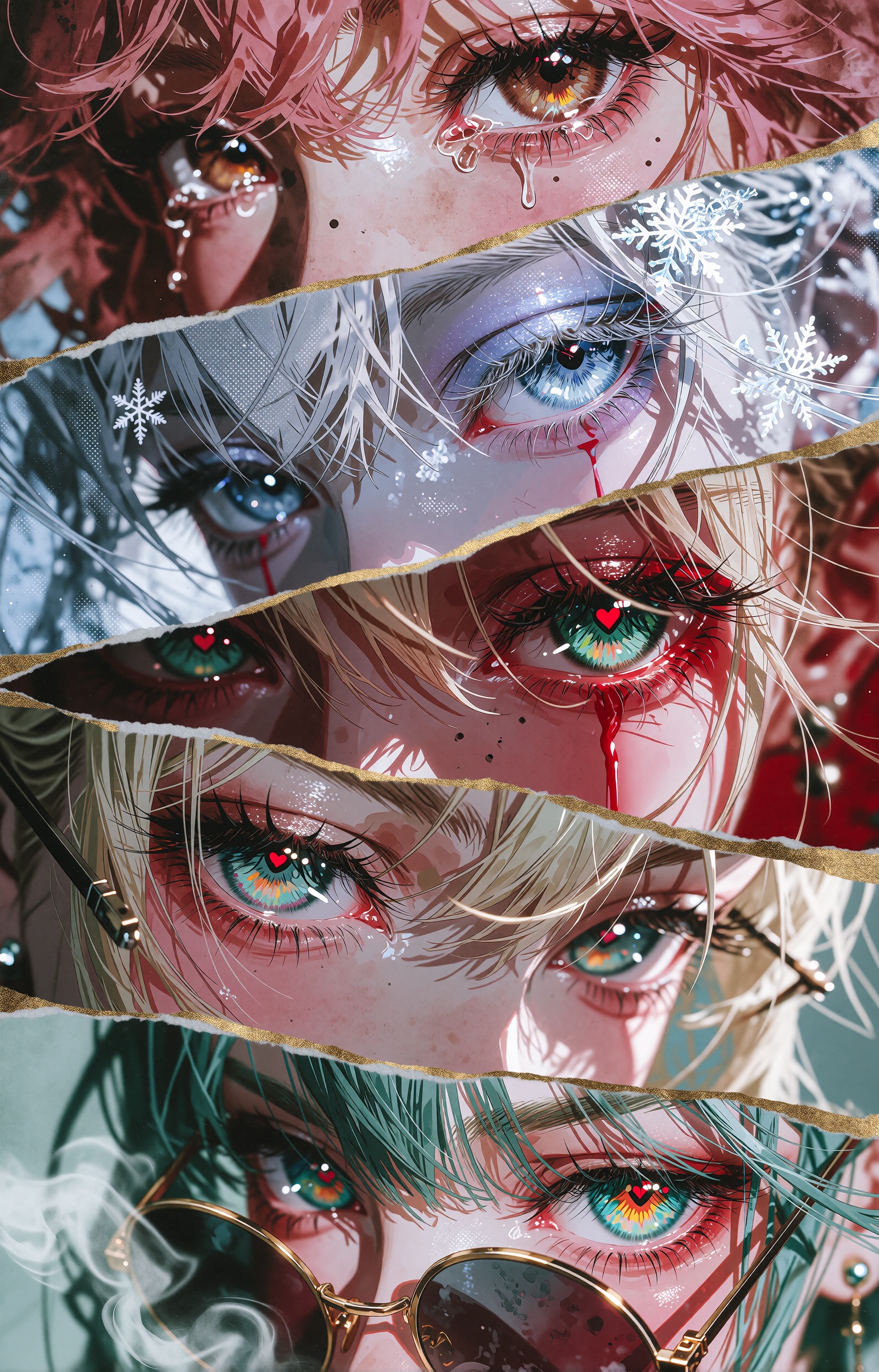 An extreme close-up anime illustration composed as four diagonal full-bleed panels separated by torn gold-leaf strips,  ea...