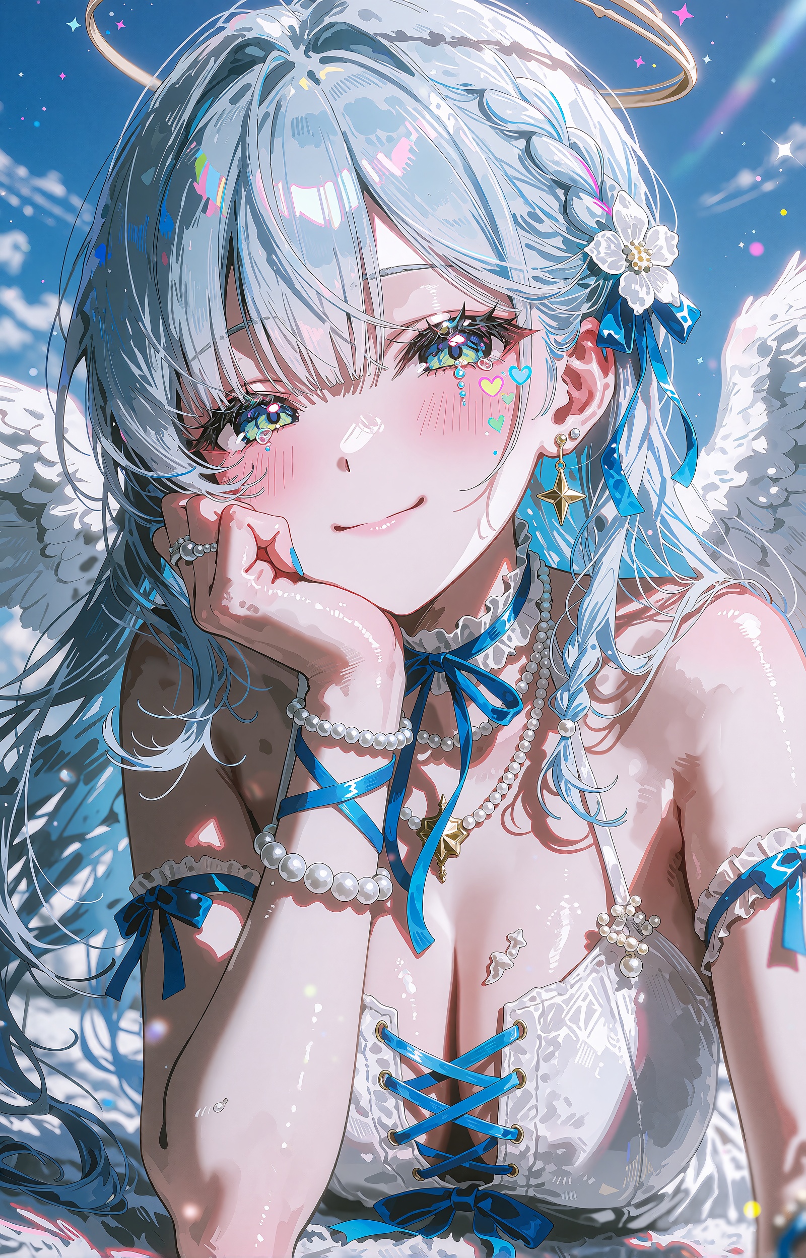 A young angelic girl with long flowing ice-blue hair fills the frame in a close-up portrait,  her cheek resting on a loose...