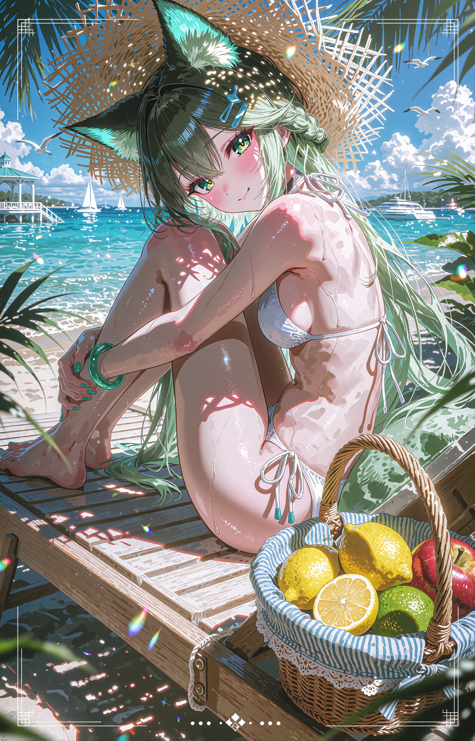 A vertical painterly anime illustration of a tropical beach resort. A young anime girl with very long green hair,  dark ol...