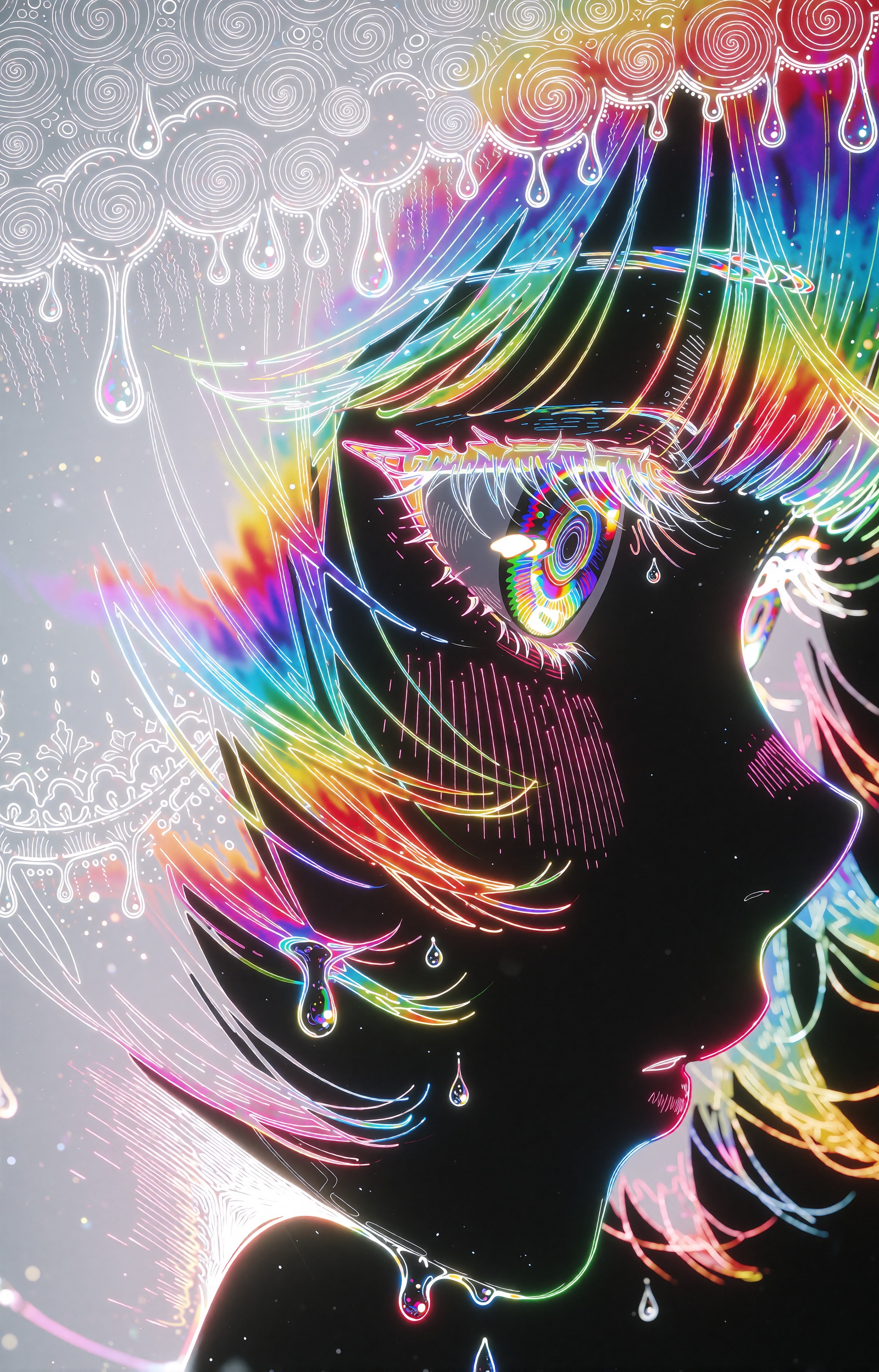 A psychedelic neon anime illustration of a figure in right-facing profile,  rendered as glowing rainbow gradient line art...