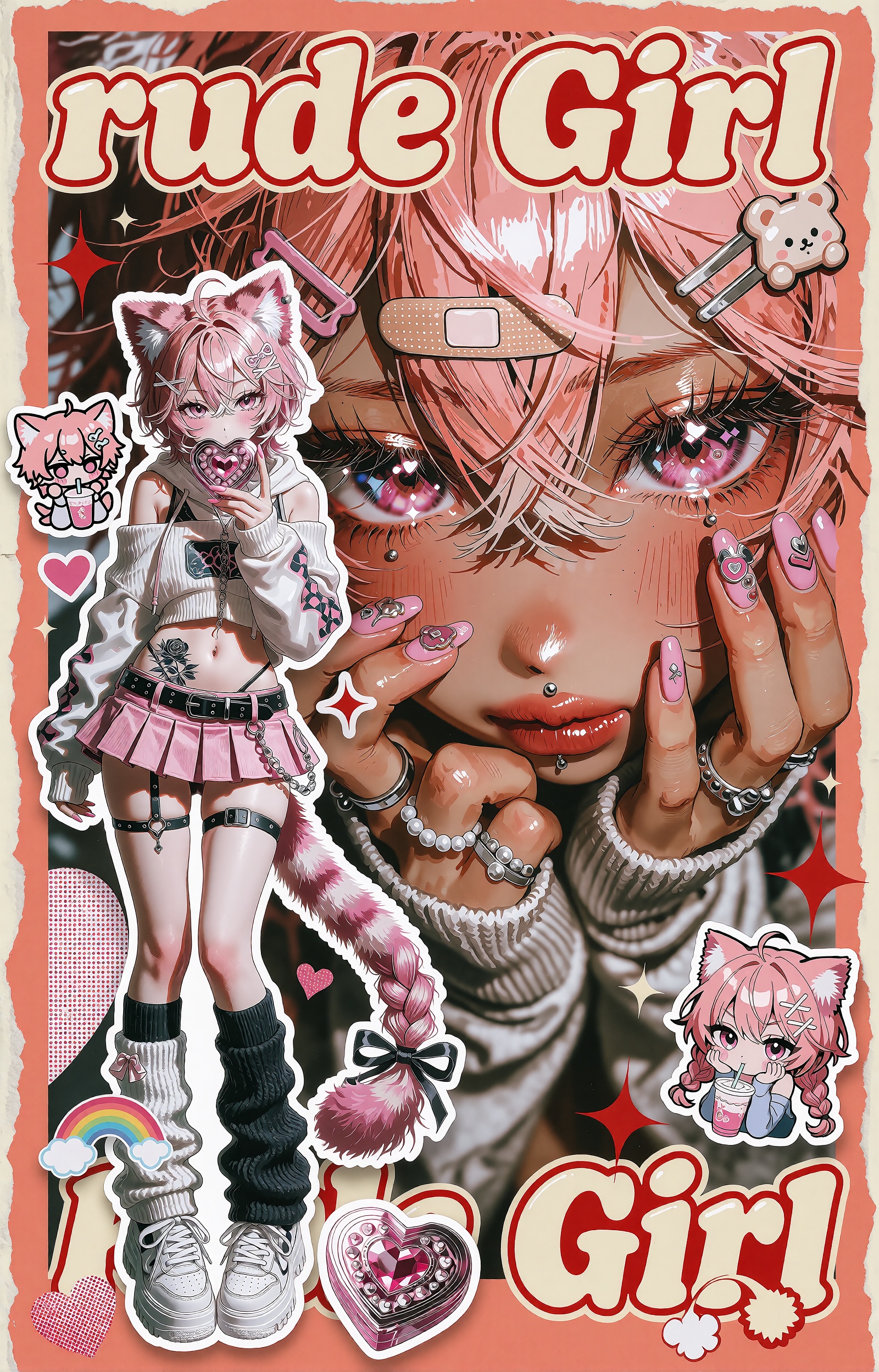 A vertical retro-pop anime sticker-collage poster on a peach-coral background framed by torn cream paper edges. The domina...