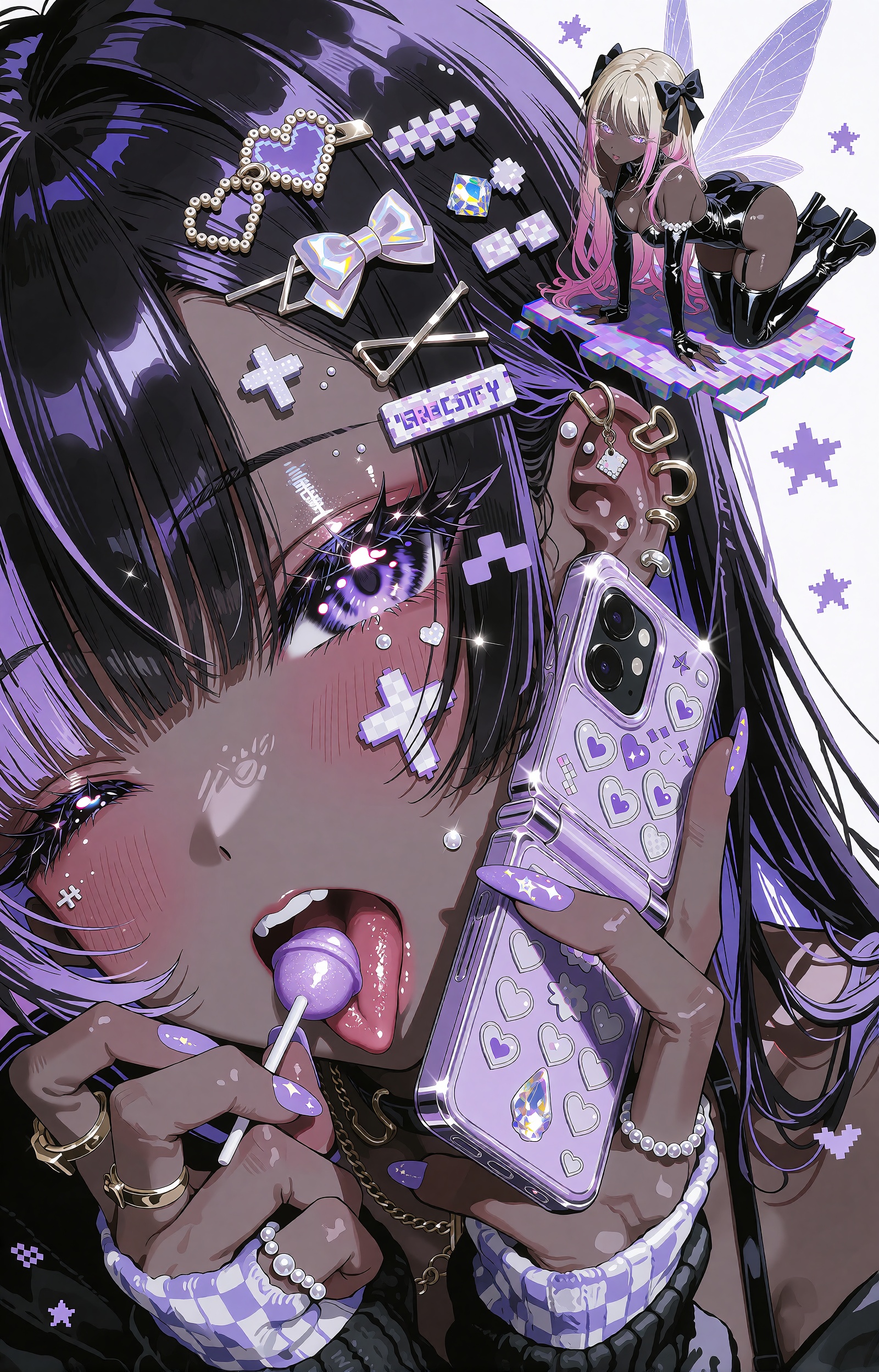 An extreme close-up diagonal portrait of a playful dark-skinned anime girl with long black hair streaked in lavender-purpl...