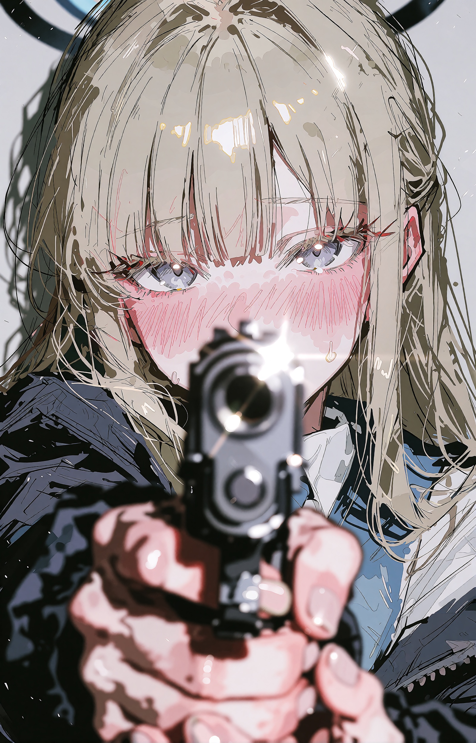 An anime illustration in extreme close-up of a girl pointing a handgun directly at the viewer,  rendered with a harsh flas...