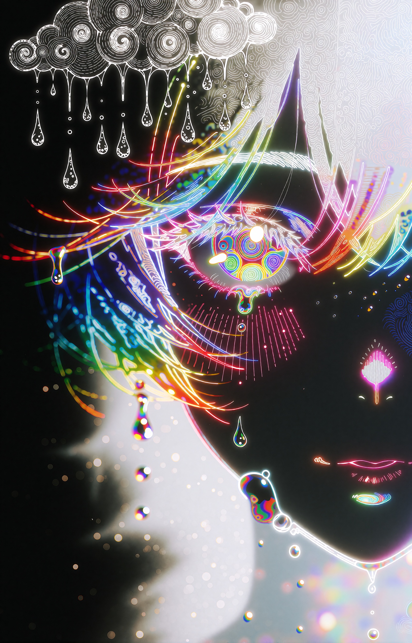 A psychedelic neon anime illustration of a figure in right-facing profile,  rendered as glowing rainbow gradient line art...