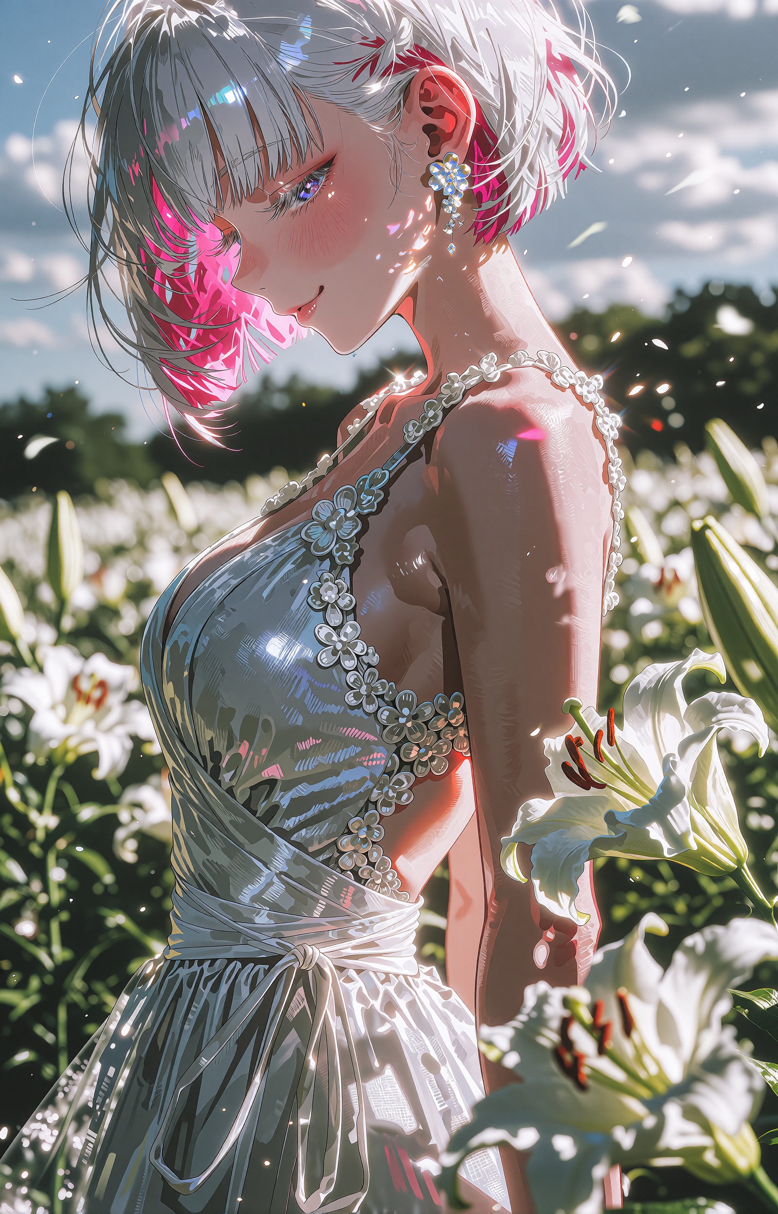 A serene young woman with a short silver-white bob accented by vivid magenta-pink inner highlights stands in profile among...