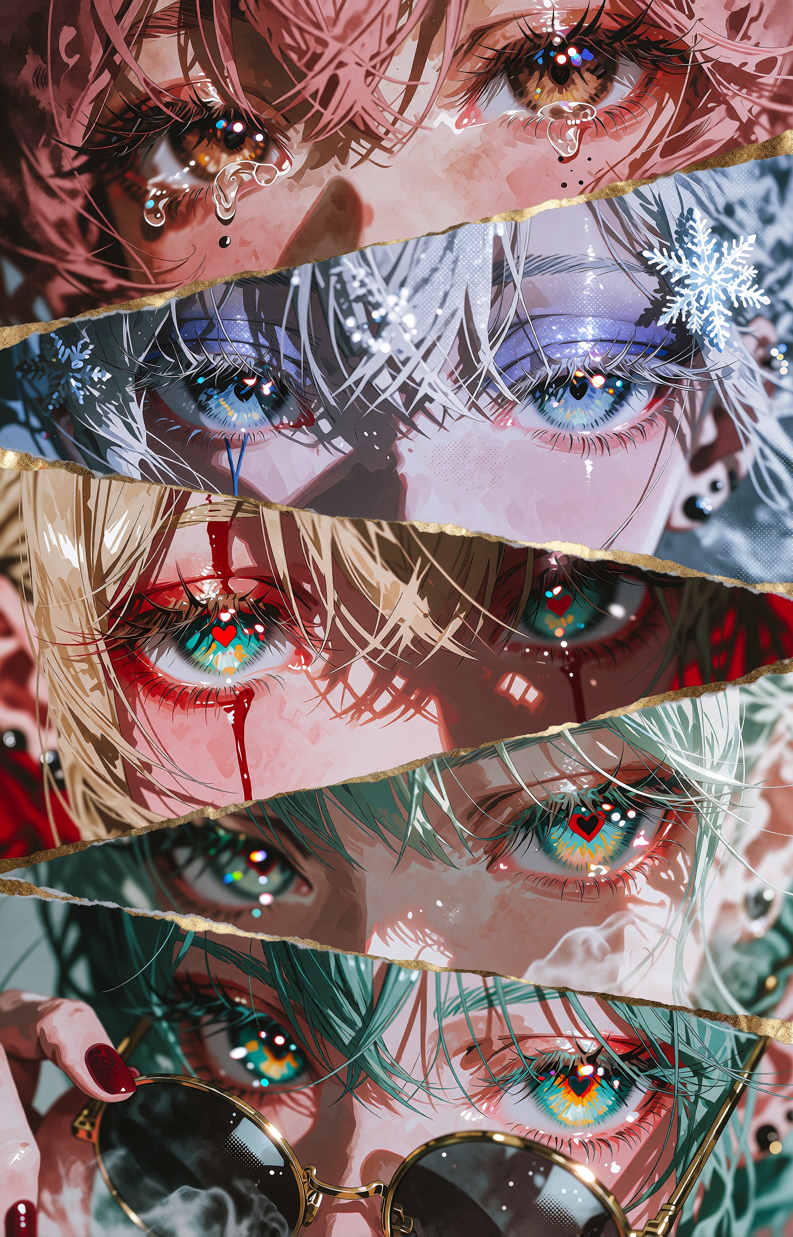 An extreme close-up anime illustration composed as four diagonal full-bleed panels separated by torn gold-leaf strips,  ea...