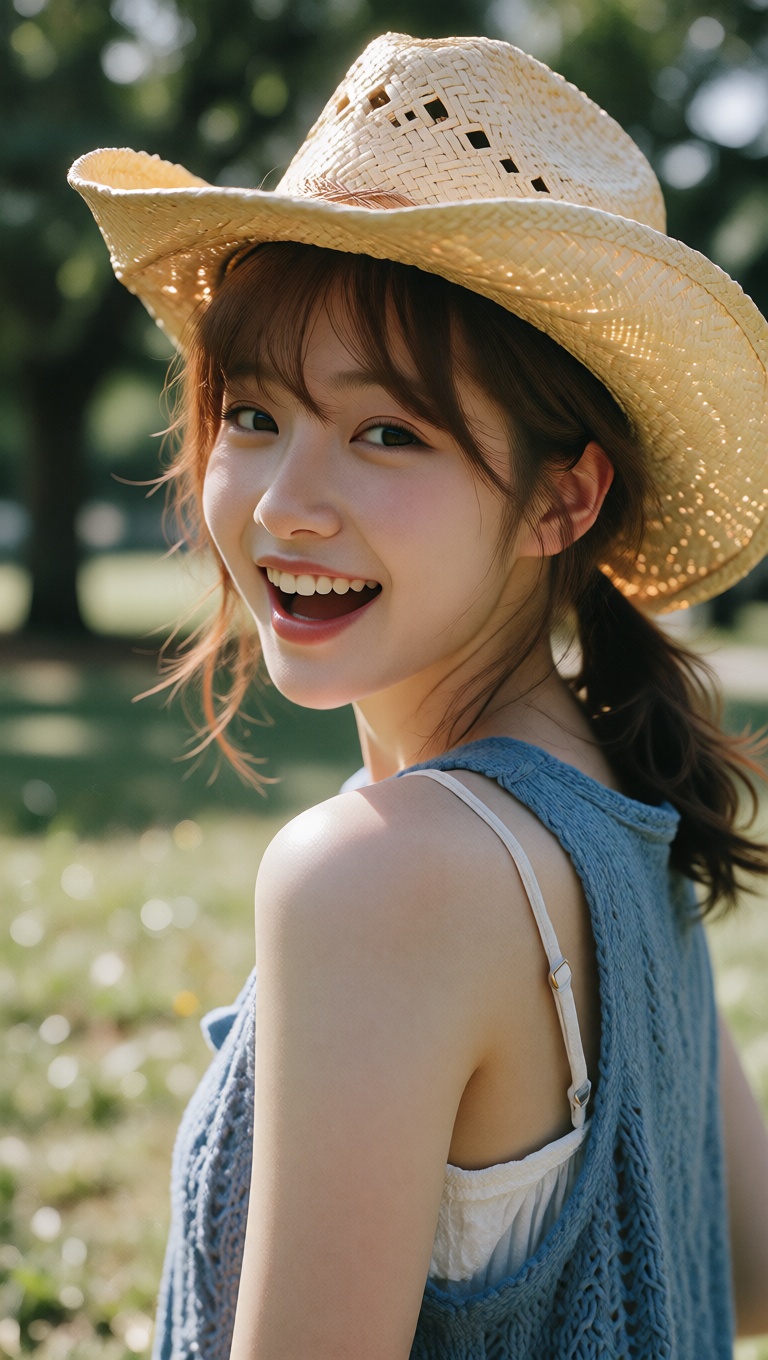 Photorealistic close-up of a young East Asian woman looking back over her shoulder at the camera with a bright open-mouth...