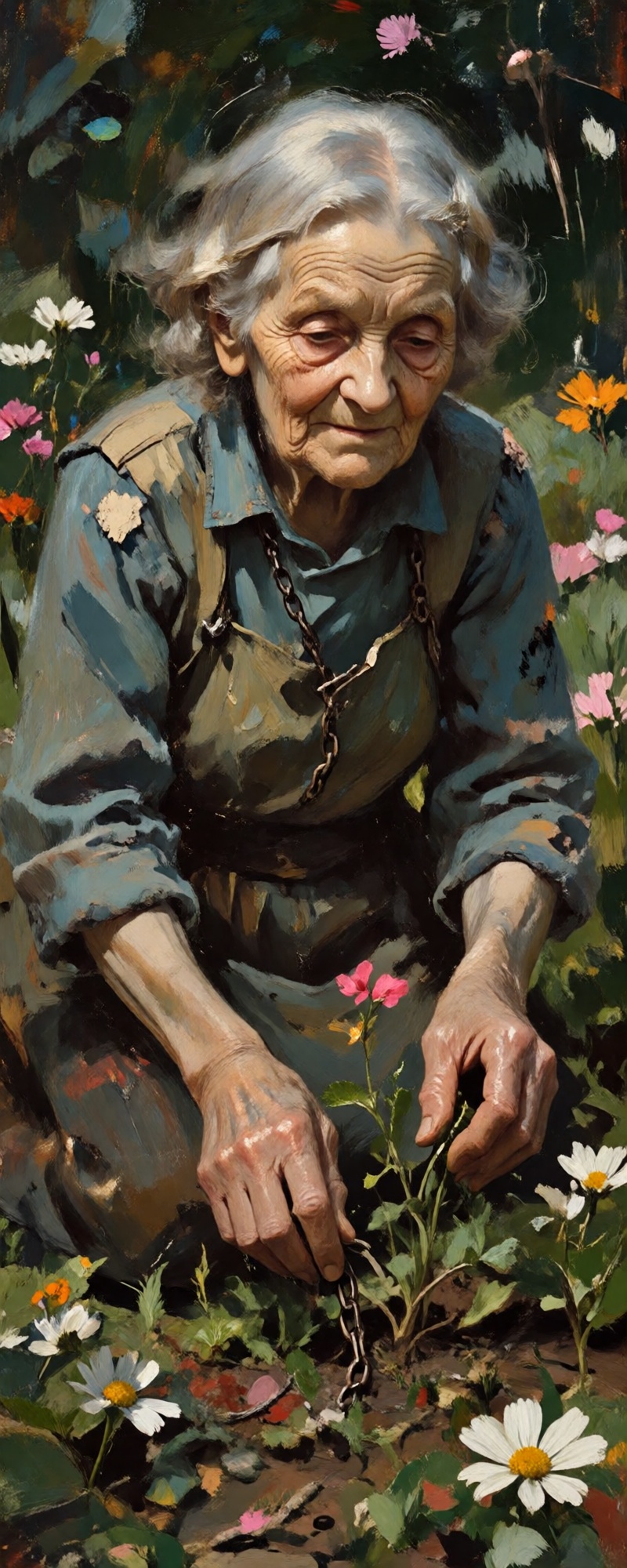 a elegen old lady,  weathered,  her clothes patched but clean. She wears no halo — only the broken chain where it once hun...