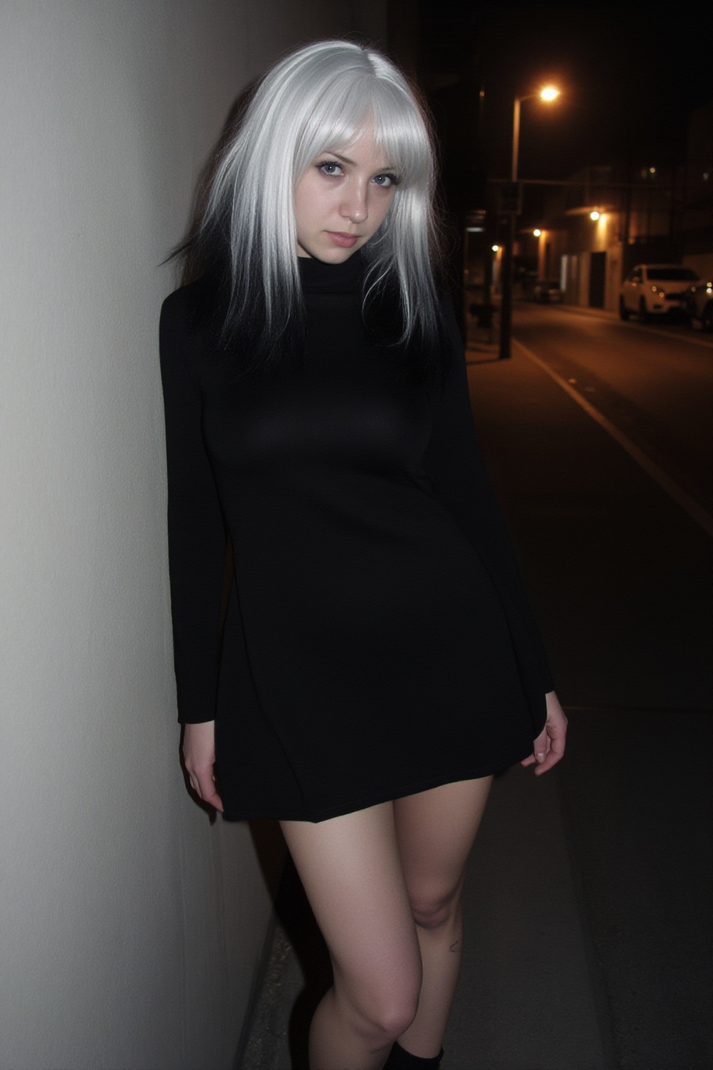 A raw realistic photo of a short 35-year-old goth woman,  tiny 4'11" (150 cm) height,  very small petite bone structure wi...