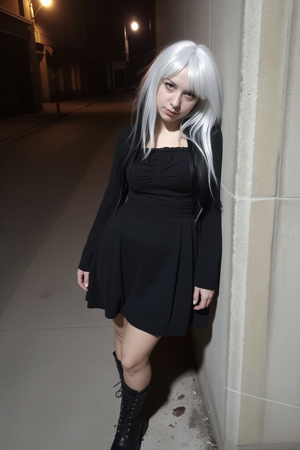 A raw realistic photo of a short 35-year-old goth woman,  tiny 4'11" (150 cm) height,  very small petite bone structure wi...