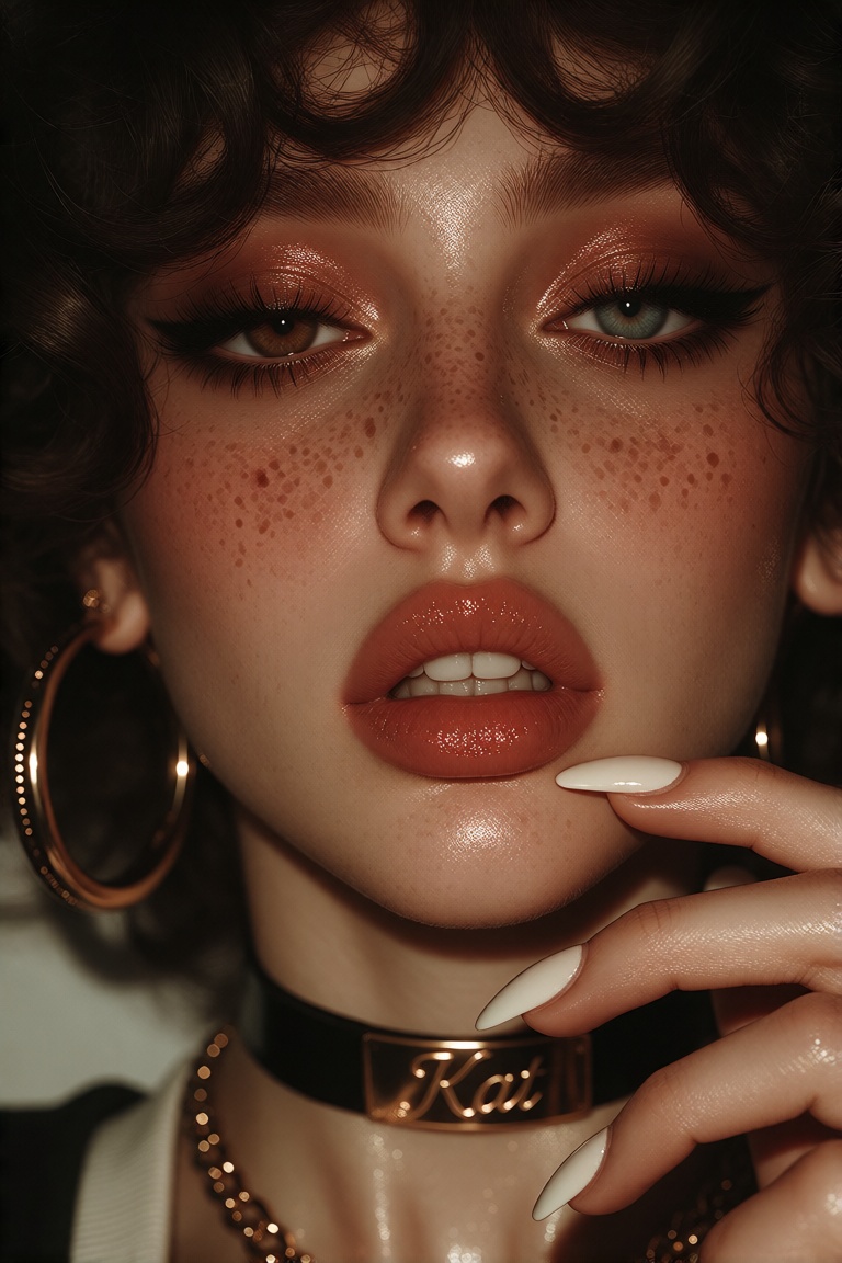 The image features a woman with curly,  voluminous hair that frames their face. She is wearing large hoop earrings and a c...