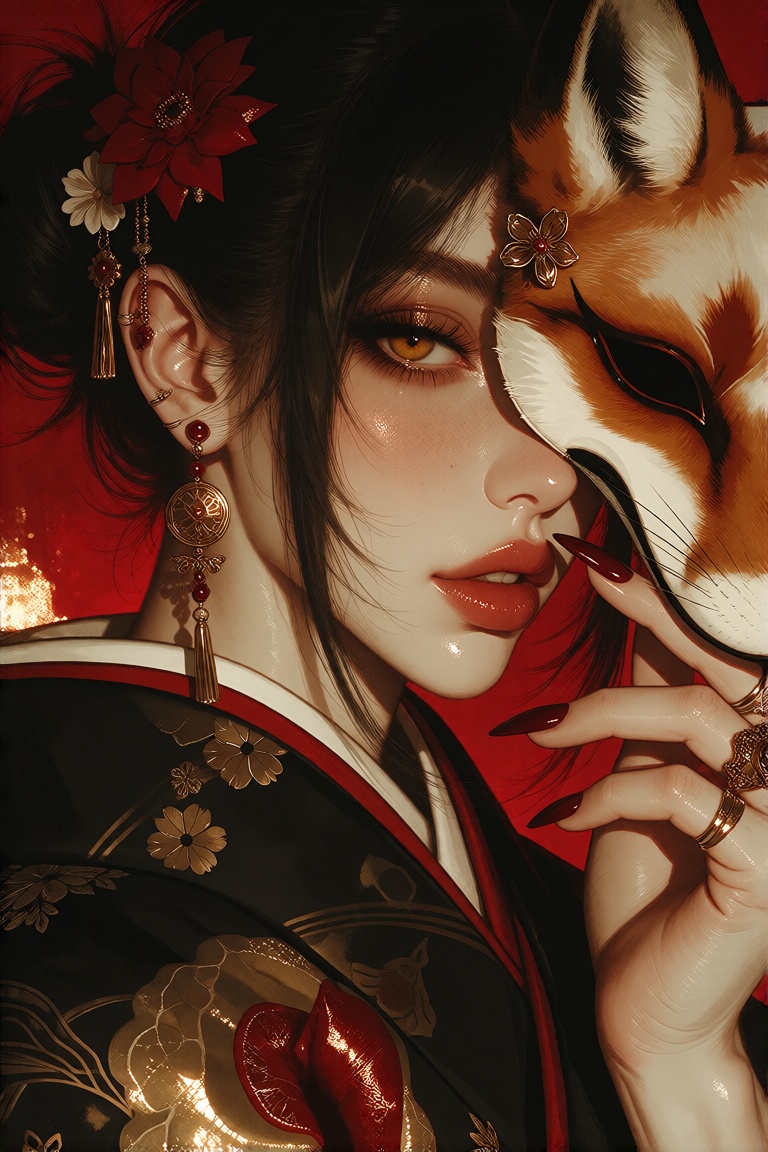 Portray a beautiful woman with long black hair adorned with a hair ornament and wearing Japanese clothes,  specifically a...