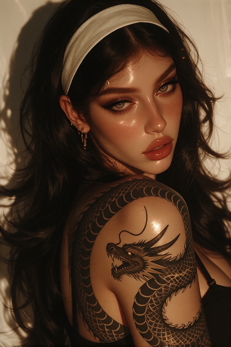 The image depicts a woman with long,  dark hair styled in loose waves,  wearing a white headband. She has a fair complexio...