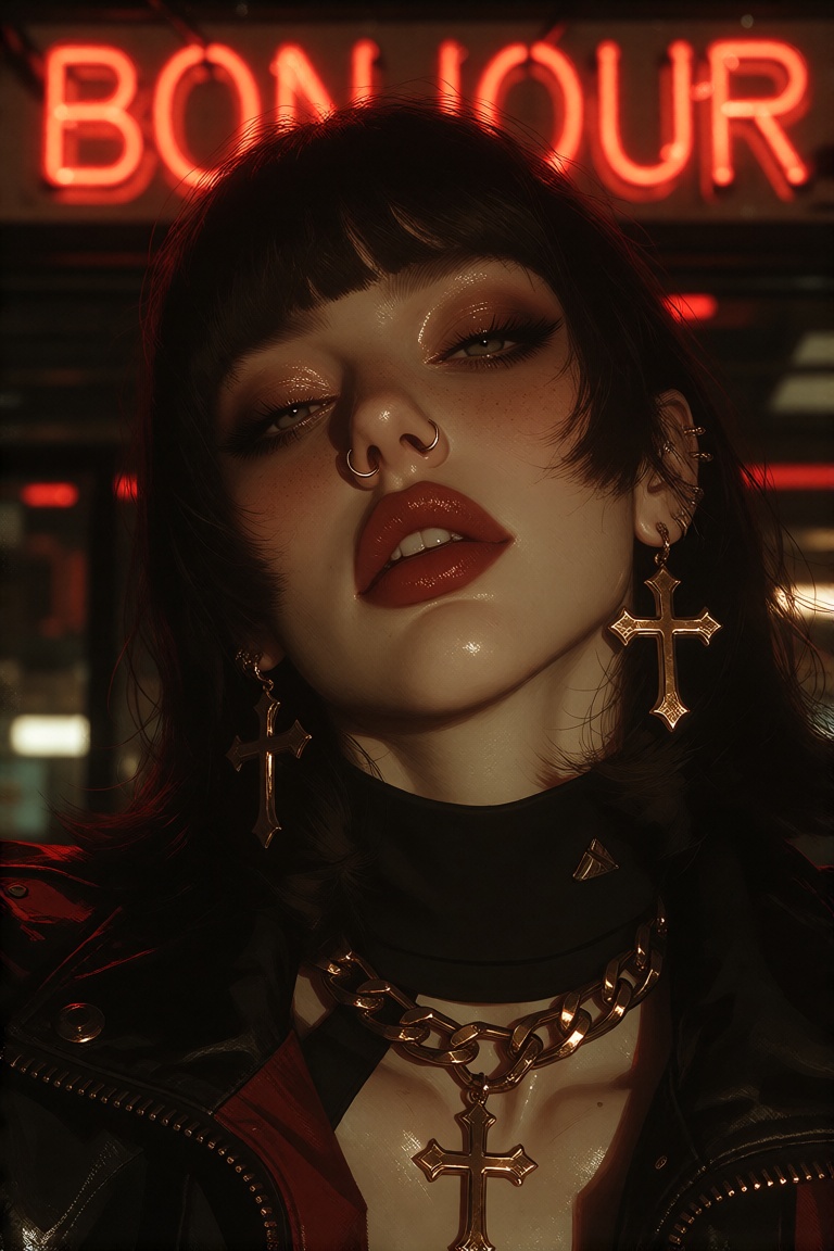 This digital artwork depicts a close-up of a young woman with pale skin and dark brown hair featuring straight,  blunt ban...