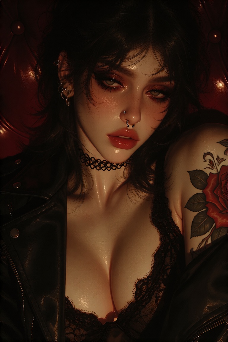 This is a digital artwork depicting a dark,  moody,  and sensual portrait of a young woman with a gothic on Tensor.Art