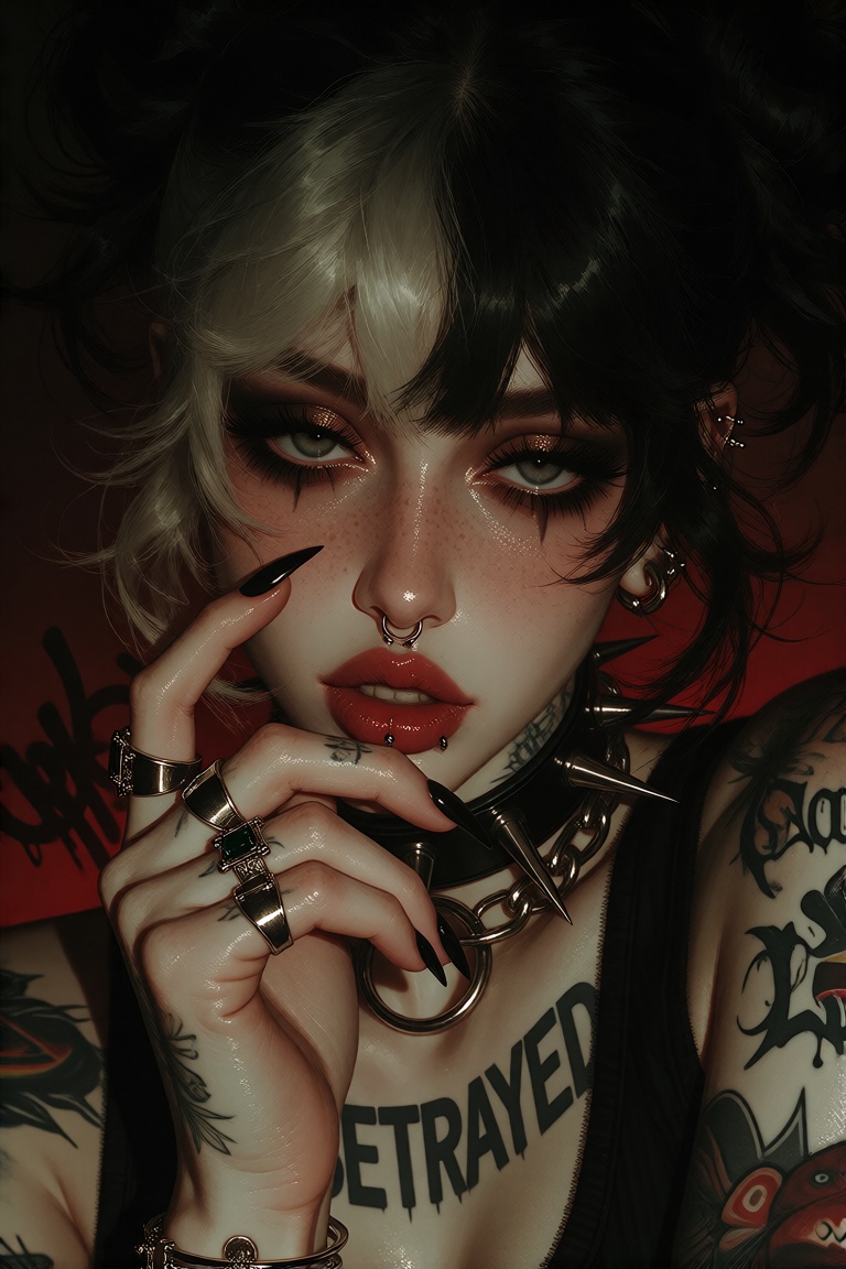 This digital artwork features a dark,  gothic-style portrait of a young woman with a pale,  freckled complexion and striki...