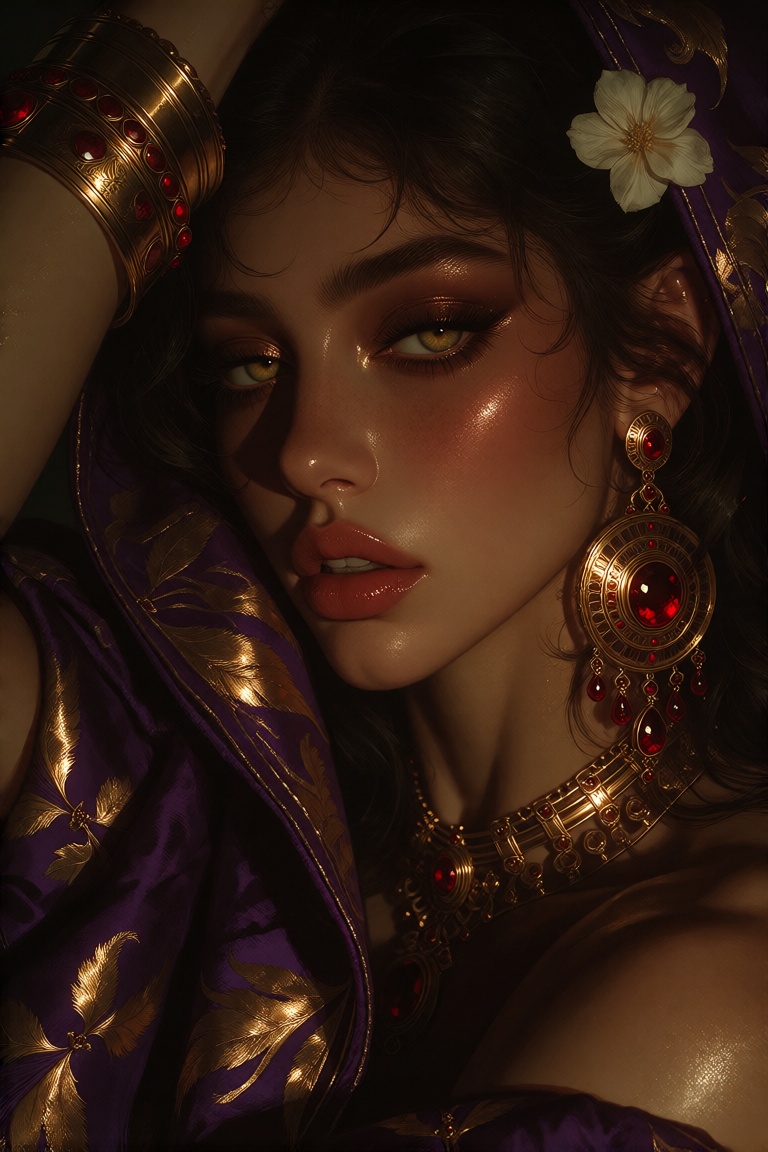 This is a digital painting of a dark-skinned,  beautiful woman with long,  wavy black hair and striking yellow-green eyes....