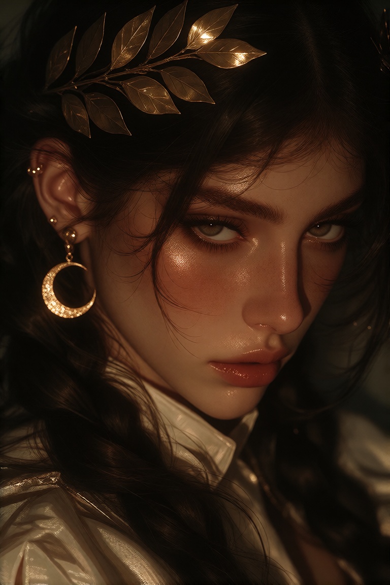 The image depicts a close-up of a woman with long,  dark hair. Golden laurels are placed in her hair,  and a cresent moon...