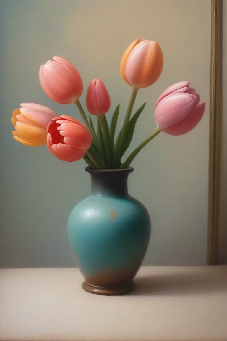 breathtaking alla prima oil painting,  A traditional physical oil painting of coral tulips,  soft cream ranunculus and sma...