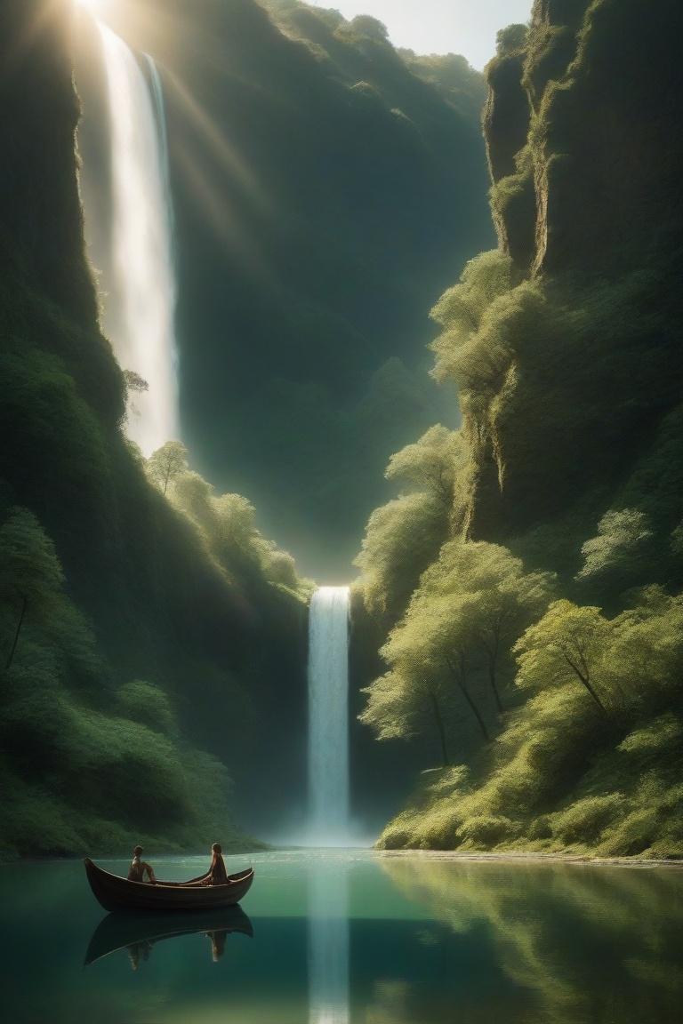 cinematic,  serene natural scene,  a person in a small boat on a calm body of lake on Tensor.Art
