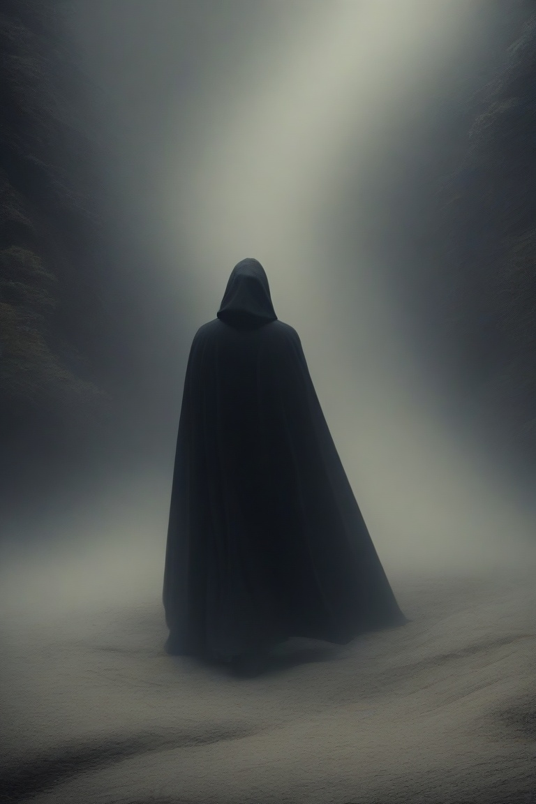 A towering,  imposing figure dominates the frame,  rendered as a powerful harbinger shrouded in voluminous on Tensor.Art