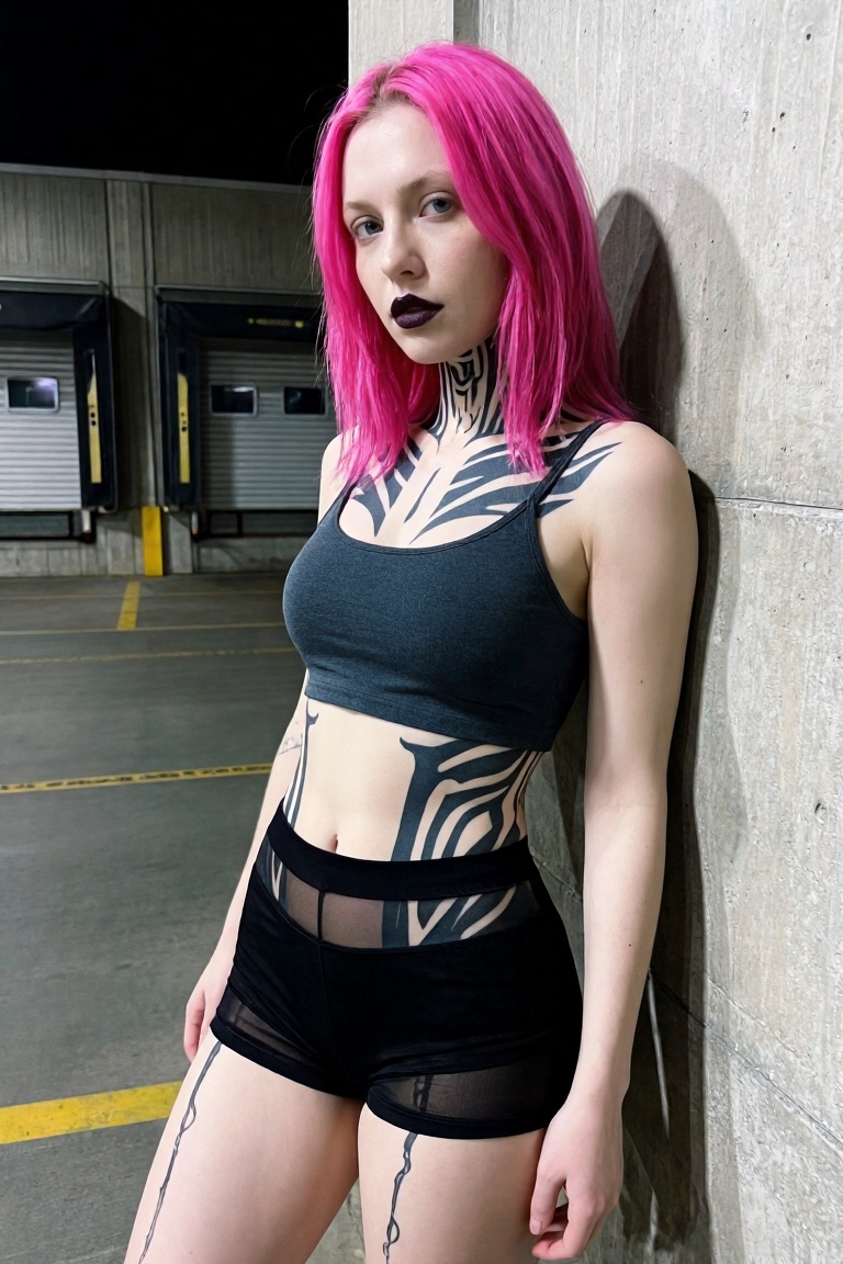 An eye-level iphone snapshot of one 18-year-old Caucasian woman with a neon-pink bob hair,  pale skin,  icy blue eyes on T...