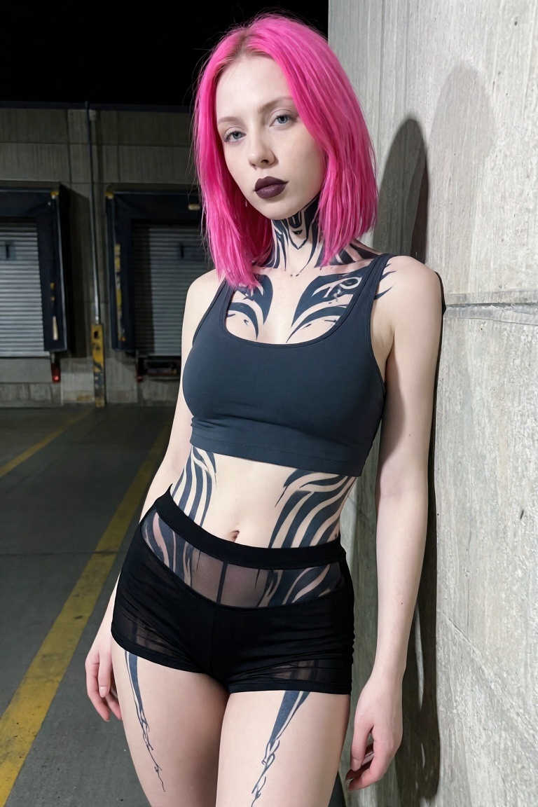 An eye-level iphone snapshot of one 18-year-old Caucasian woman with a neon-pink bob hair,  pale skin,  icy blue eyes on T...
