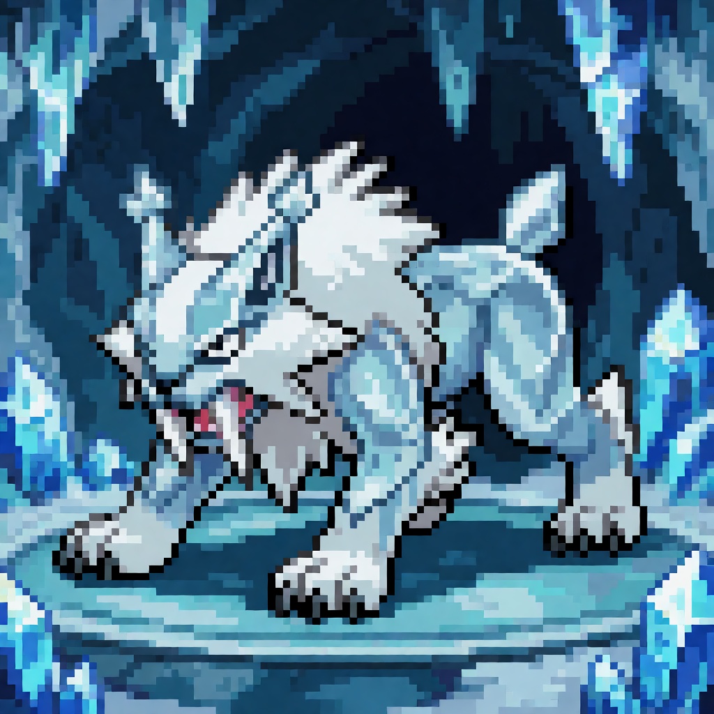 pkmn_bsprite,  front view of a swift arctic saber-toothed lynx creature composed of translucent glacier ice and frosted fu...