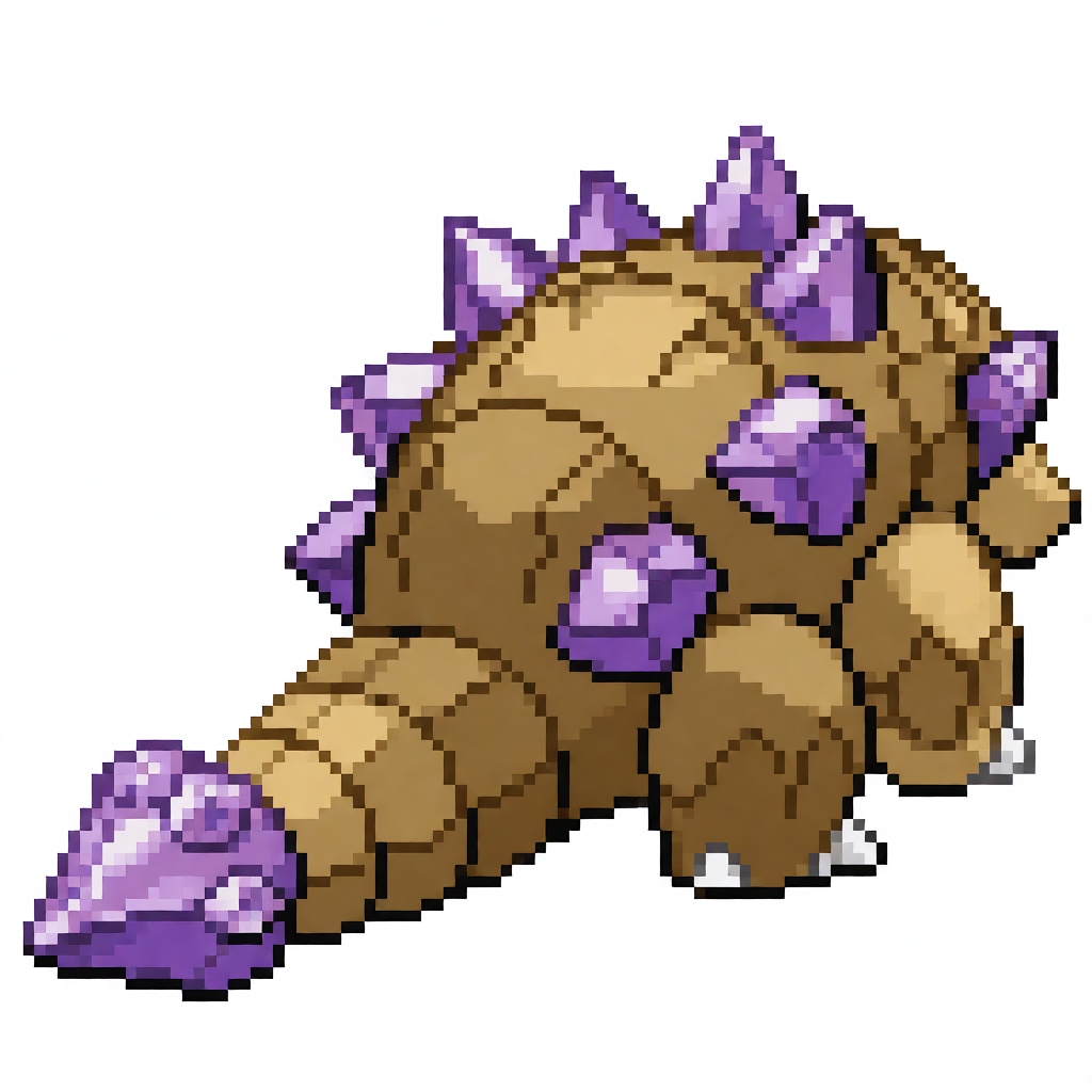 pkmn_bsprite,  back view of a stocky quadruped pangolin creature with sharp geometric amethyst crystal plates along its ar...