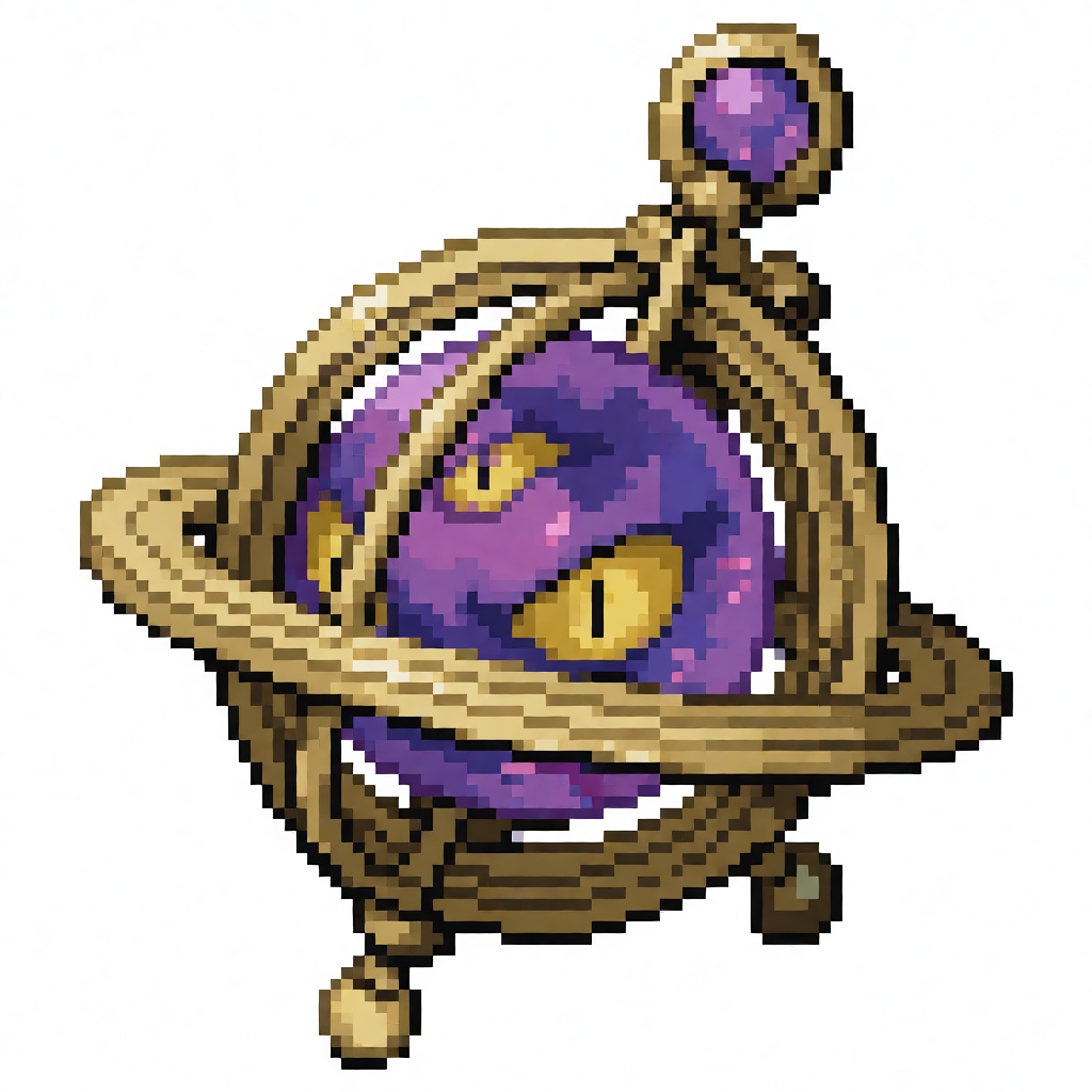 pkmn_bsprite,  front view of a hovering ghost creature shaped like an antique brass astrolabe,  featuring concentric rotat...