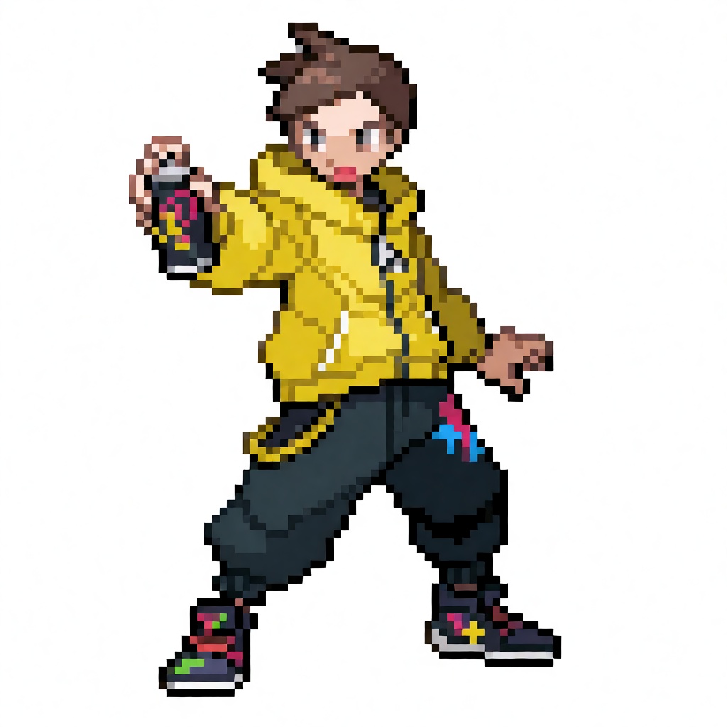 pkmn_bsprite,  front view of a trainer,  a trendy teenage graffiti artist boy wearing an oversized hooded yellow windbreak...