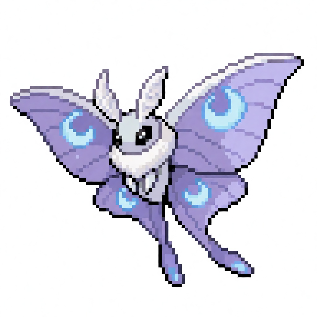 pkmn_bsprite,  front view of a mystical lunar silk moth creature with wide lavender wings displaying glowing crescent-moon...