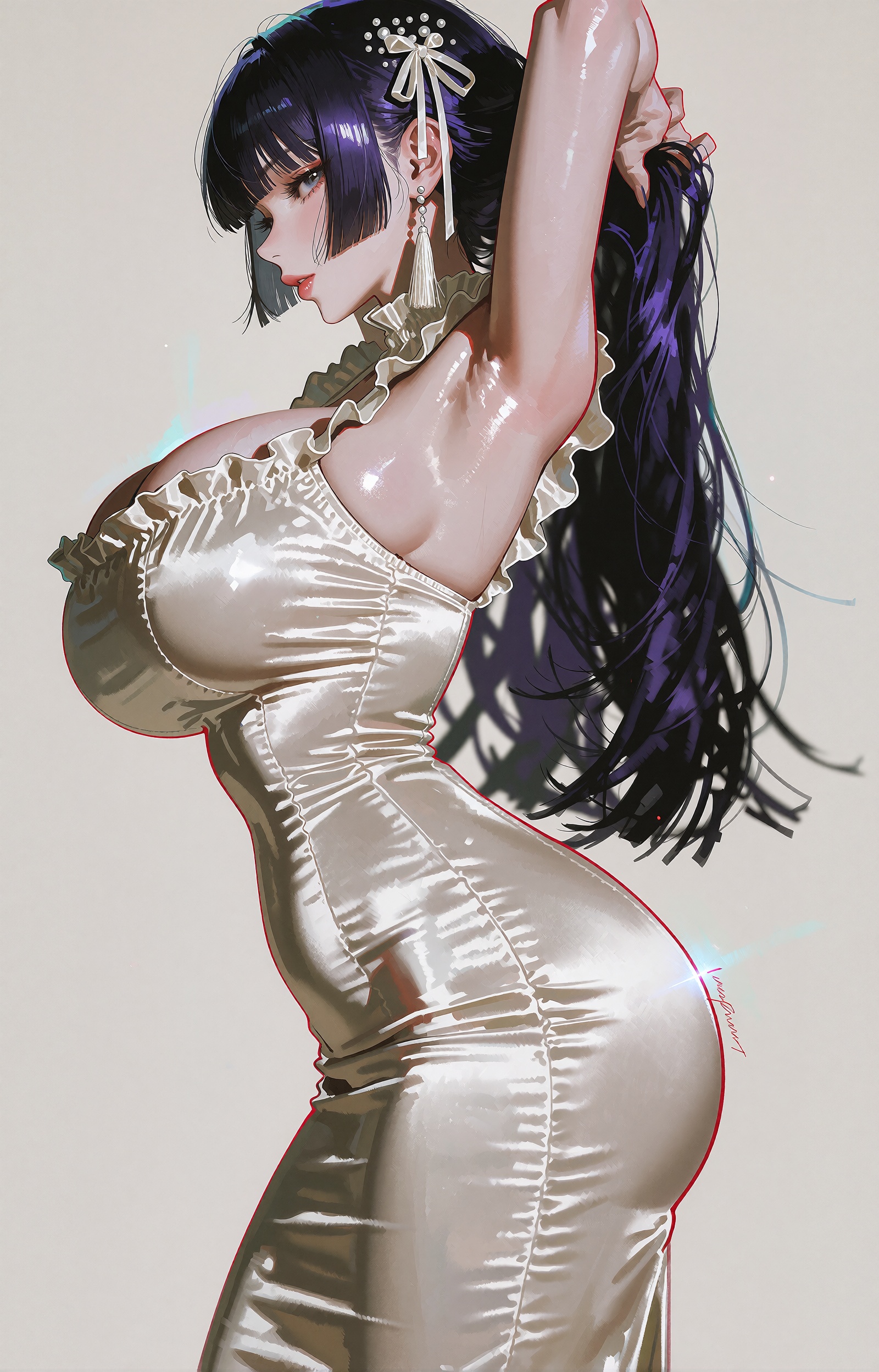A full-body painterly anime illustration of an ***** woman with a voluptuous hourglass figure,  standing in profile agains...