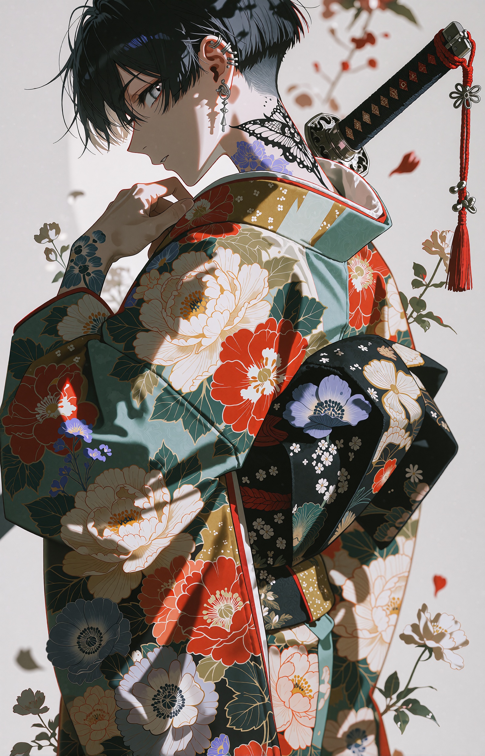 An androgynous young swordsman with short raven-black hair and long bangs brushing his silver-grey eyes glances back over...