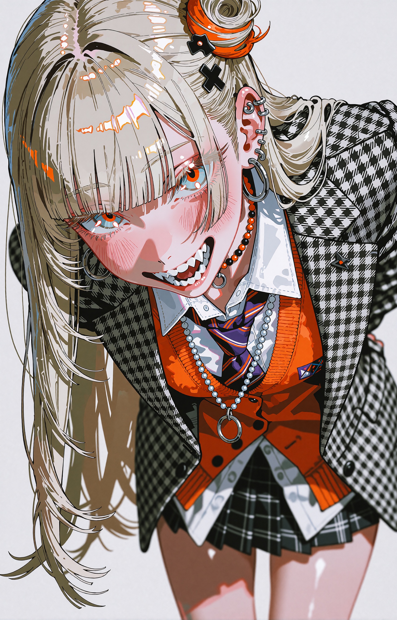 A mischievous anime girl leans forward toward the viewer in a coiled,  playful crouch,  head tilted down while she peers u...