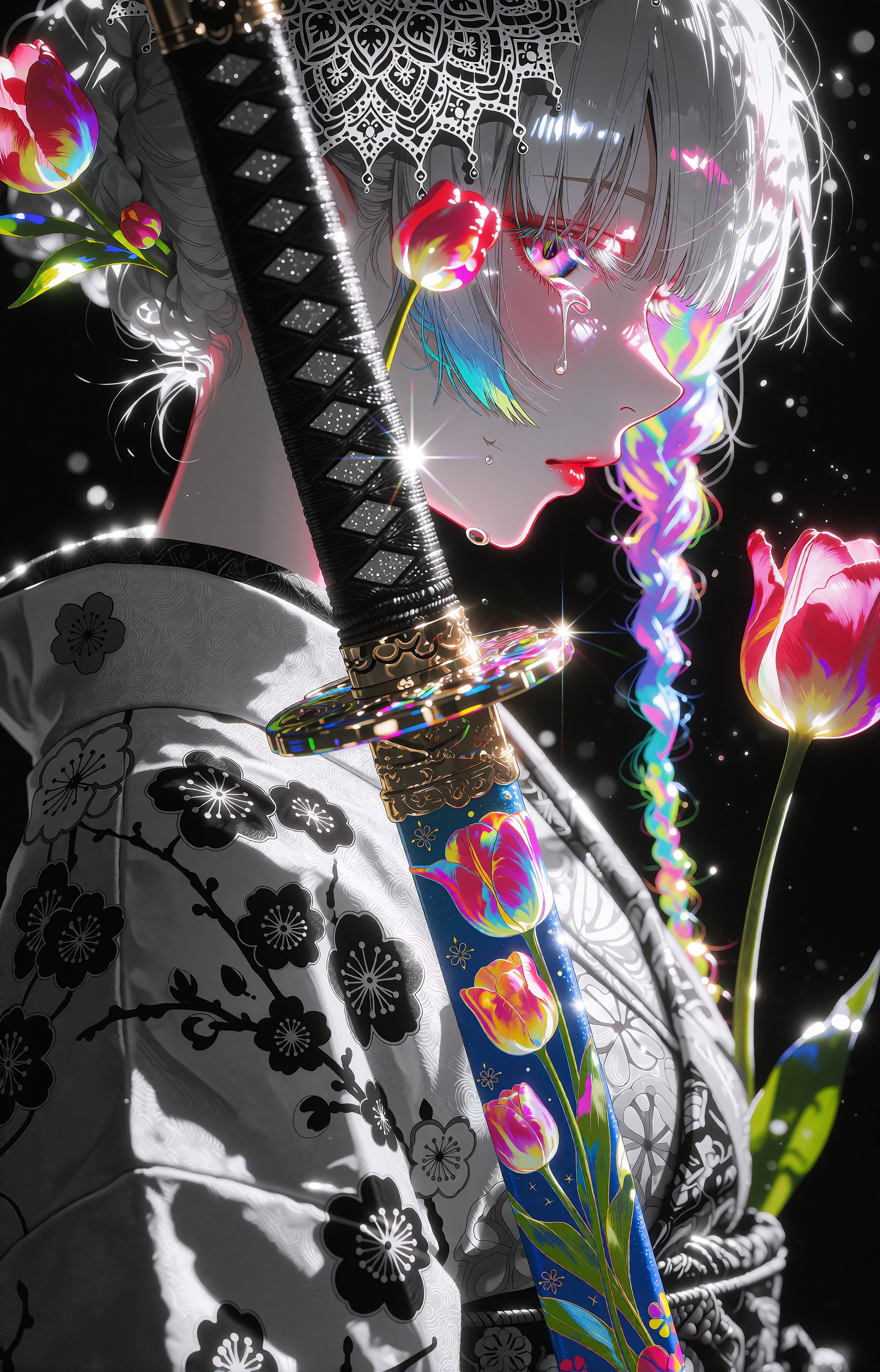 A melancholic anime girl is shown in close profile facing right,  her silver-white hair falling in soft strands with a sin...