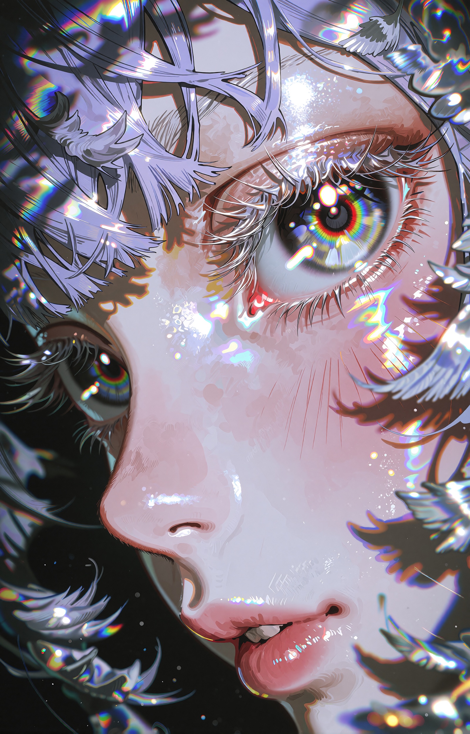 An extreme close-up of an anime face in three-quarter view fills the entire frame,  turned slightly toward the viewer's le...