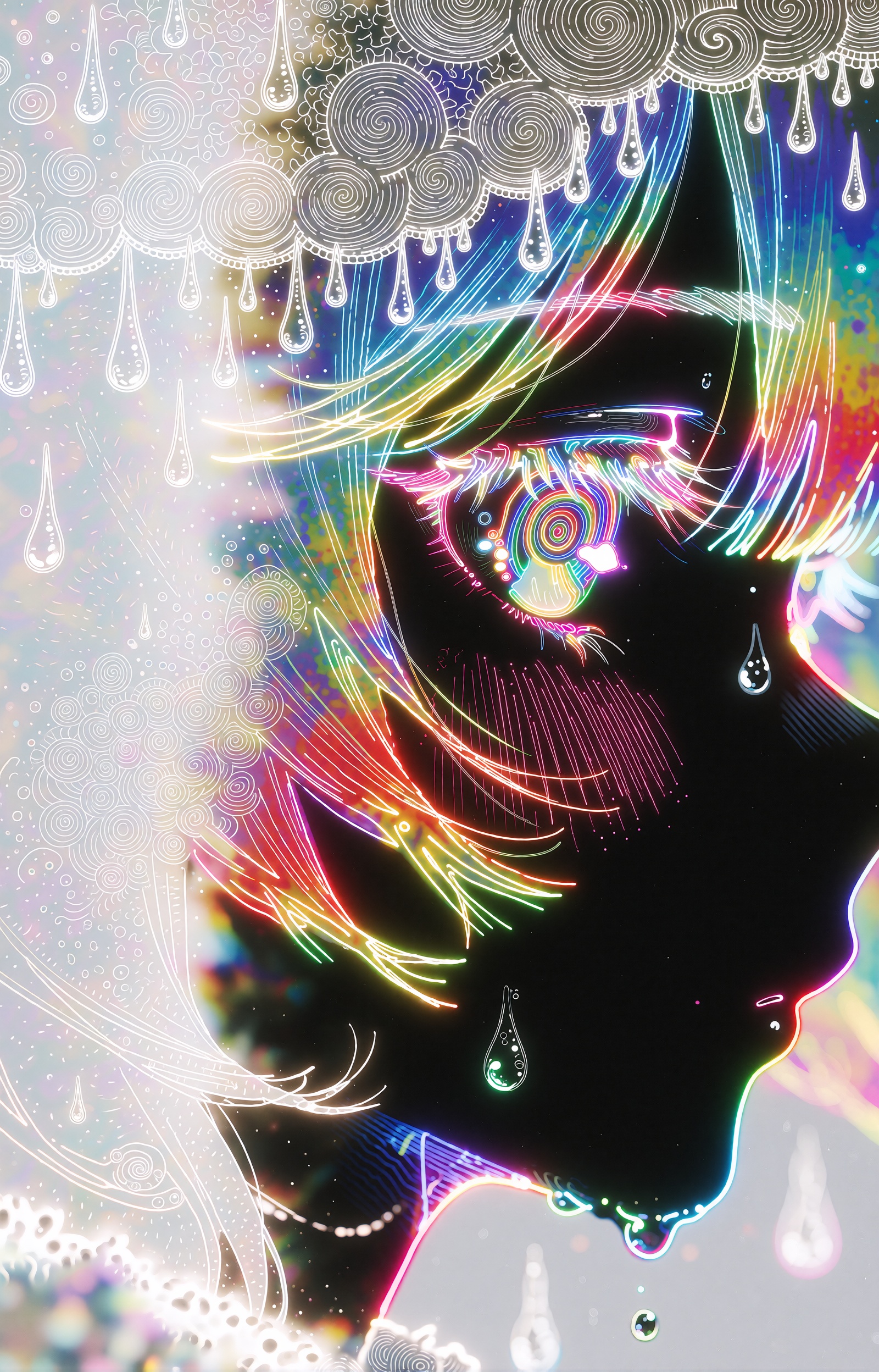 A psychedelic neon anime illustration of a figure in right-facing profile,  rendered as glowing rainbow gradient line art...