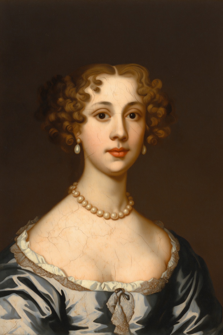 @p3t3rl3ly The image depicts a close-up of a woman's portrait. She has light skin and is wearing a white dress with lace d...