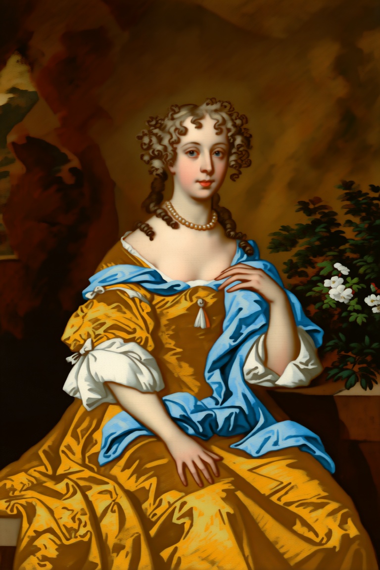 The image depicts a classical portrait of a woman dressed in elaborate,  historical attire. She is wearing a golden gown w...