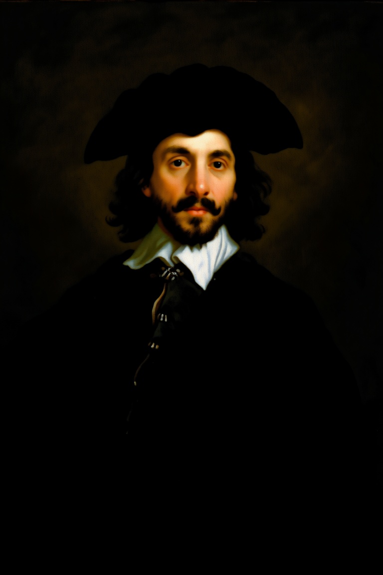 The image depicts a portrait of a man wearing a dark,  formal outfit with a white collar. The background is a plain,  dark...