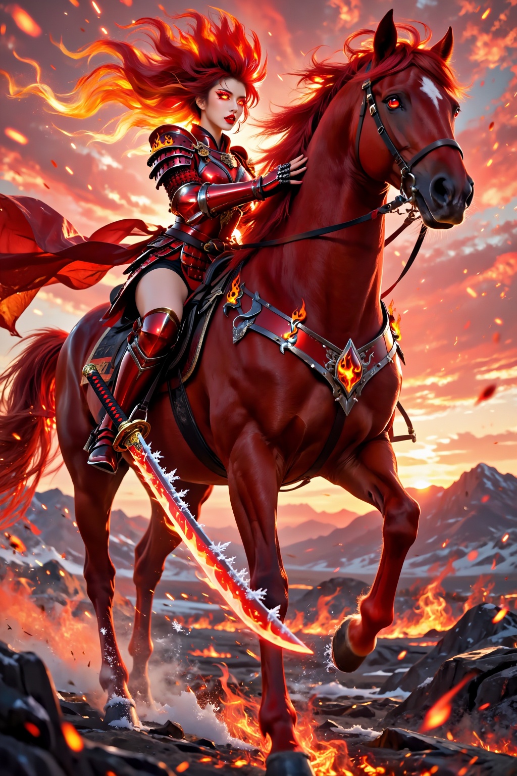 Top quality. Inspiration: Horse,  red,  flame. Image: Close-up: A female knight with flowing on Tensor.Art