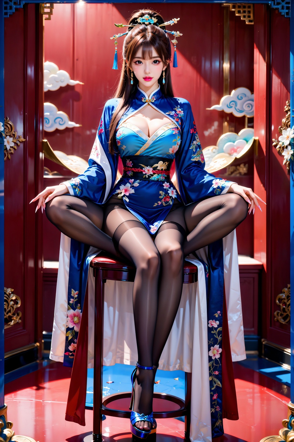 A girl sits cross-legged facing the audience on a high stool,  wearing exquisite hair accessories,  Hanfu (traditional Han...