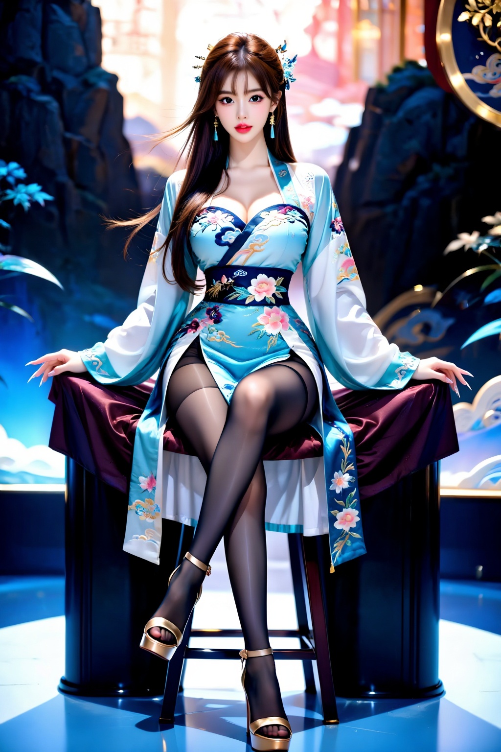 A girl sits cross-legged facing the audience on a high stool,  wearing exquisite hair accessories,  Hanfu (traditional Han...