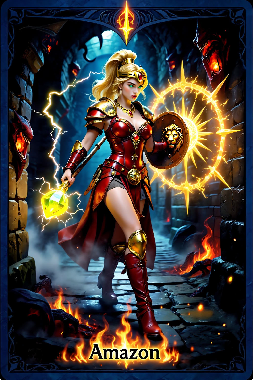 This is a tarot card depicting the Amazons from the classic game Diablo. The word "Amazon" is written at the bottom of the...