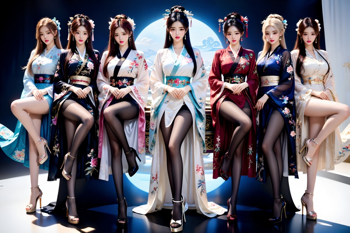 6 girls,  facing the audience,  sit cross-legged on Tensor.Art
